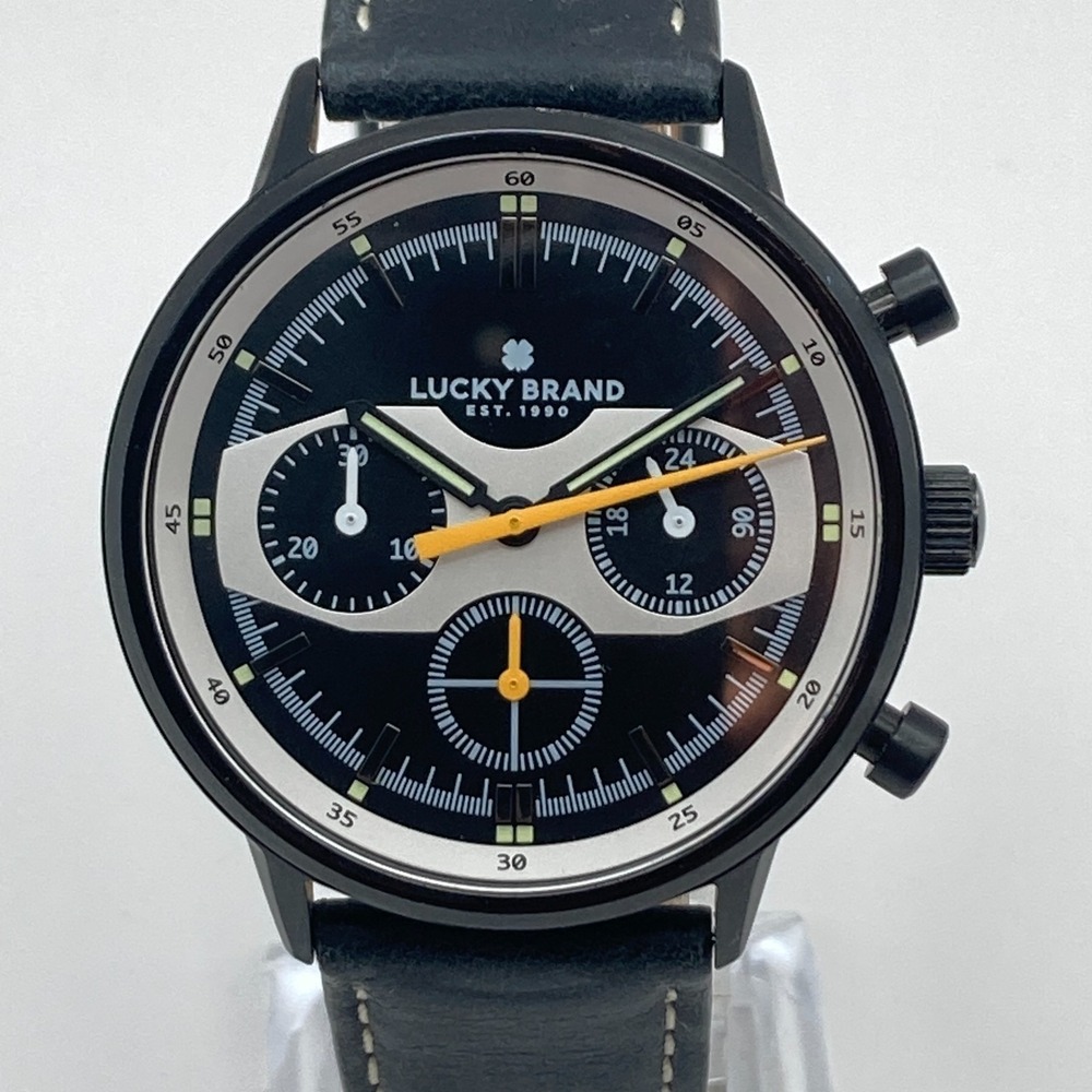 Lucky Brand Mens Watch Chronograph 35mm Black Orange Leather 50M New Battery 9"